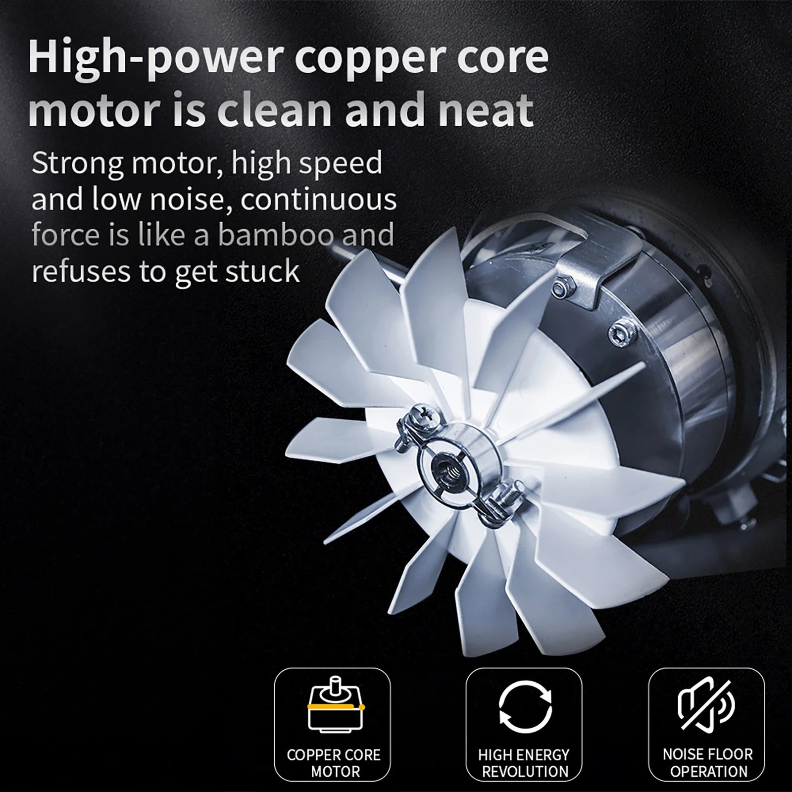 High-power copper core motor with text highlighting its features on a black background