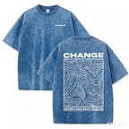 "CHANGE" Topographic Line Art Print Vintage Washed Beige Casual Graphic T Shirt