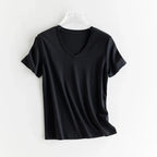 High-end New 10% Silk & Mercerized Cotton Women T-shirt Luxury Tee Short Sleeve Silky Feeling Summer Wear 2025 Tops V / O-neck