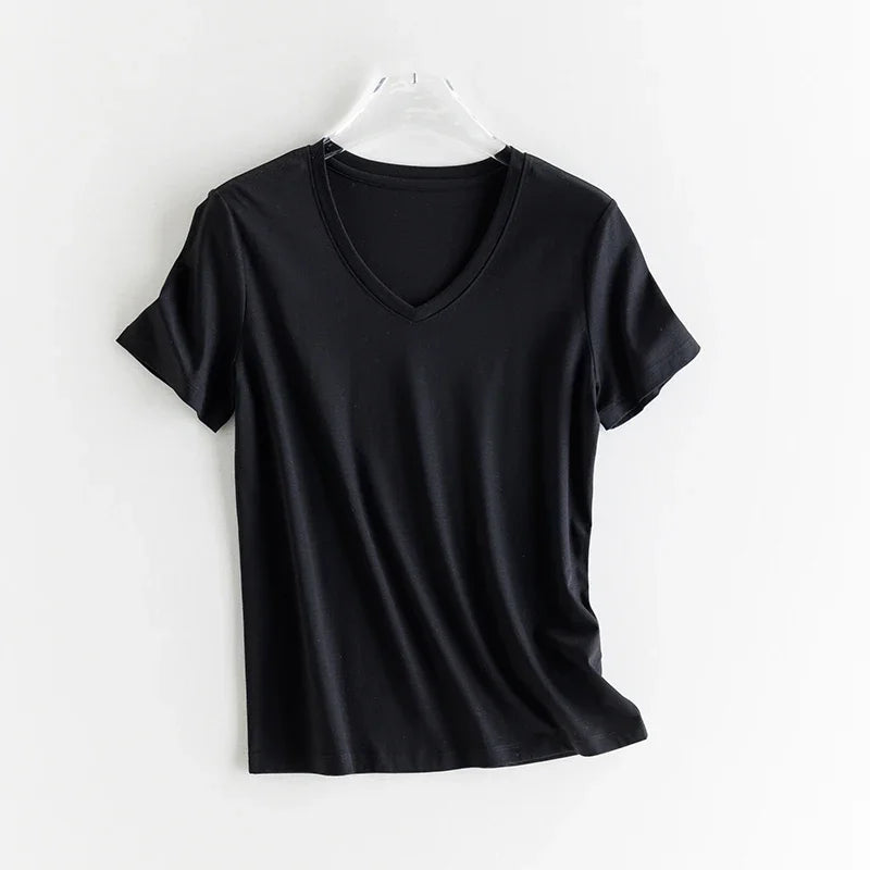 High-end New 10% Silk & Mercerized Cotton Women T-shirt Luxury Tee Short Sleeve Silky Feeling Summer Wear 2025 Tops V / O-neck