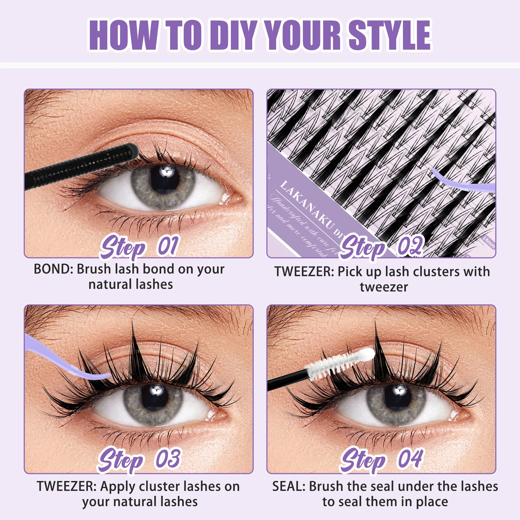 LAKANAKU 168 Fans Diy Cluster Lashes Cat Eye Lashes Invisible Band Premium Mink Manga Lash Clusters