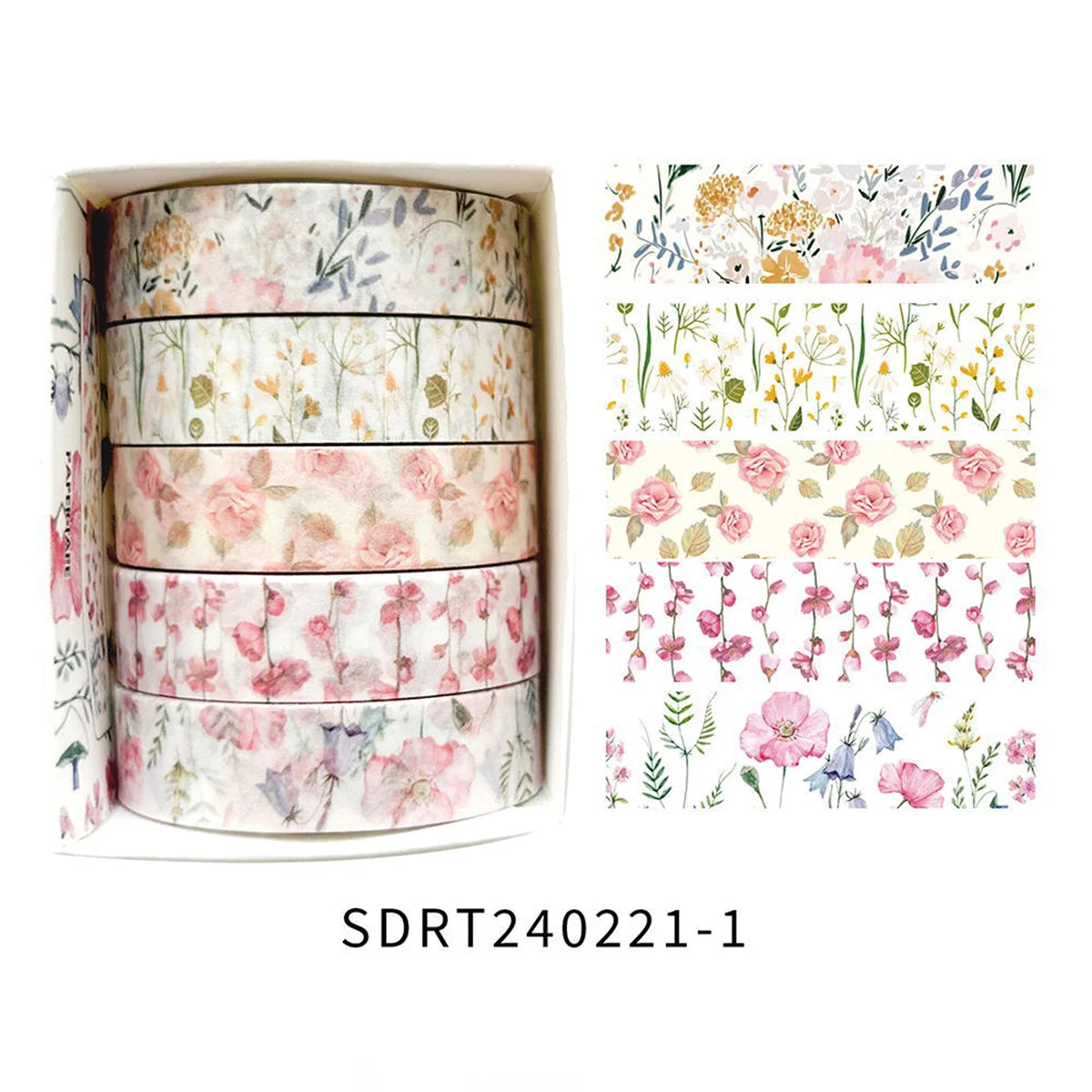 5 Rolls of Boxed Romantic Flower Handbook Tape, Cute DIY Fresh Decorative Washi Tape for Students, a Must-Have Gift for Students