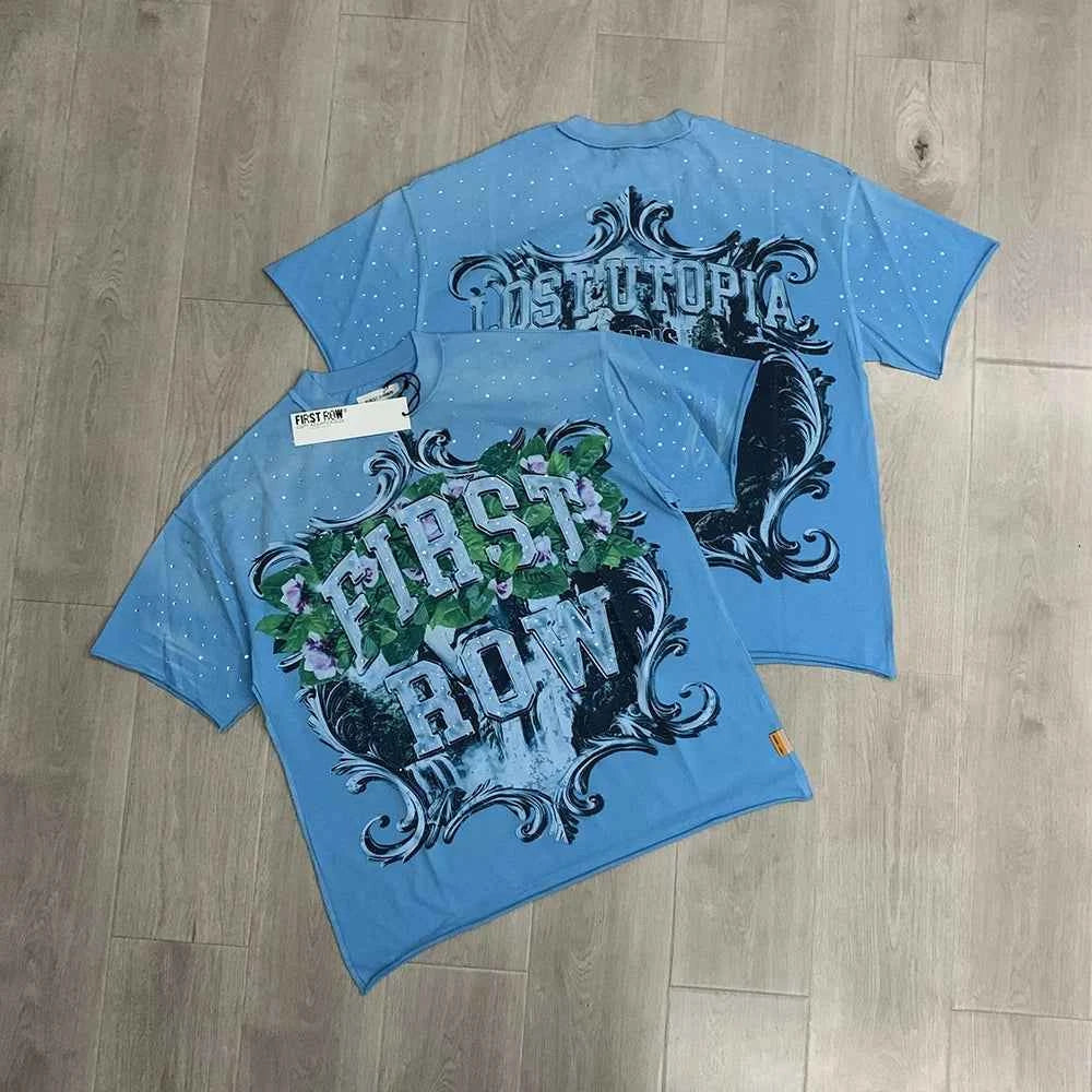 Streetwear Vintage Washed Diamond Cropped Tee for Men Crew Neck Short Sleeve Loose Cotton Rhineston Tshirts Oversized