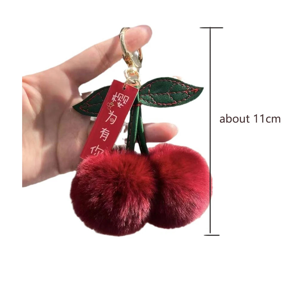 ZAKOL New Cute Fluffy Rex Rabbit Fur Ball Pompom Leaf Keychain Cherry Key Chain Handbag Car Key Chain Ring Gift