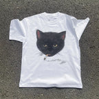 Y2k Wrinkled Cat Graphic Print Punk 90s Grunge Retro Hip Hop Style White Top T-shirt Emo Aesthetic Clothes Harajuku Y2K Top