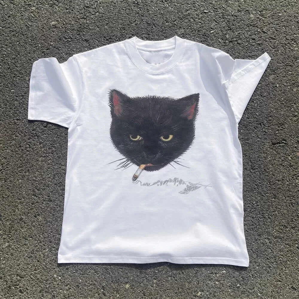 Y2k Wrinkled Cat Graphic Print Punk 90s Grunge Retro Hip Hop Style White Top T-shirt Emo Aesthetic Clothes Harajuku Y2K Top