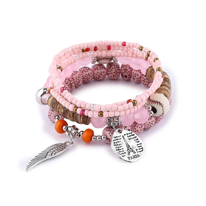 Boho Tree Of Life Bracelet Set For Women Fashion Tassels Charm Wooden Beads Elastic Chain Bangle Girl Trendy Party Jewelry
