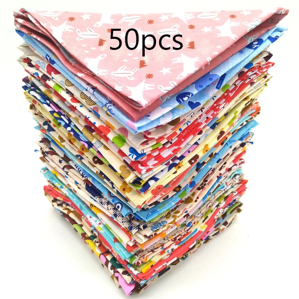 Stack of colorful fabric pieces with '50 pcs' text on a white background