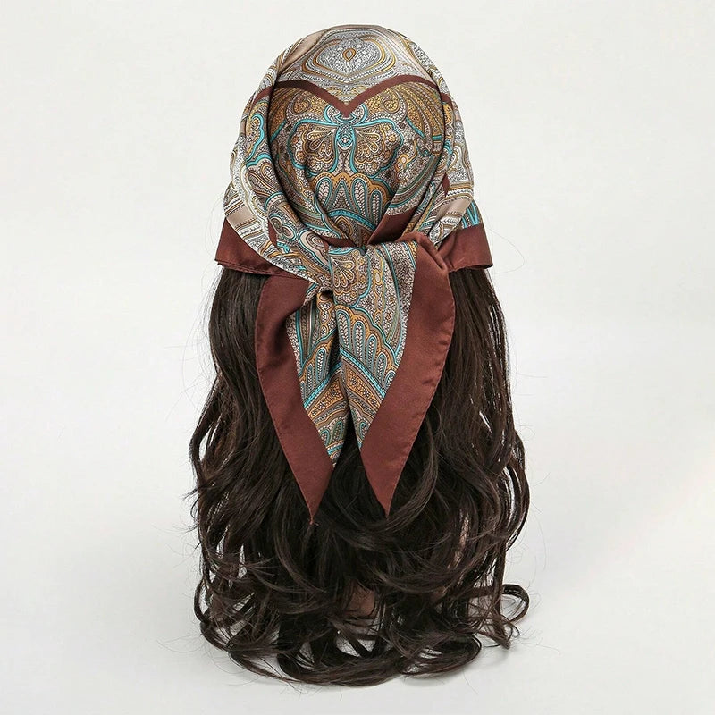 Bohemian Style Floral Print Women’s Square Silk Scarf Satin Head Wrap Tropical Leaf Flower Design Scarves Bandana Hijab