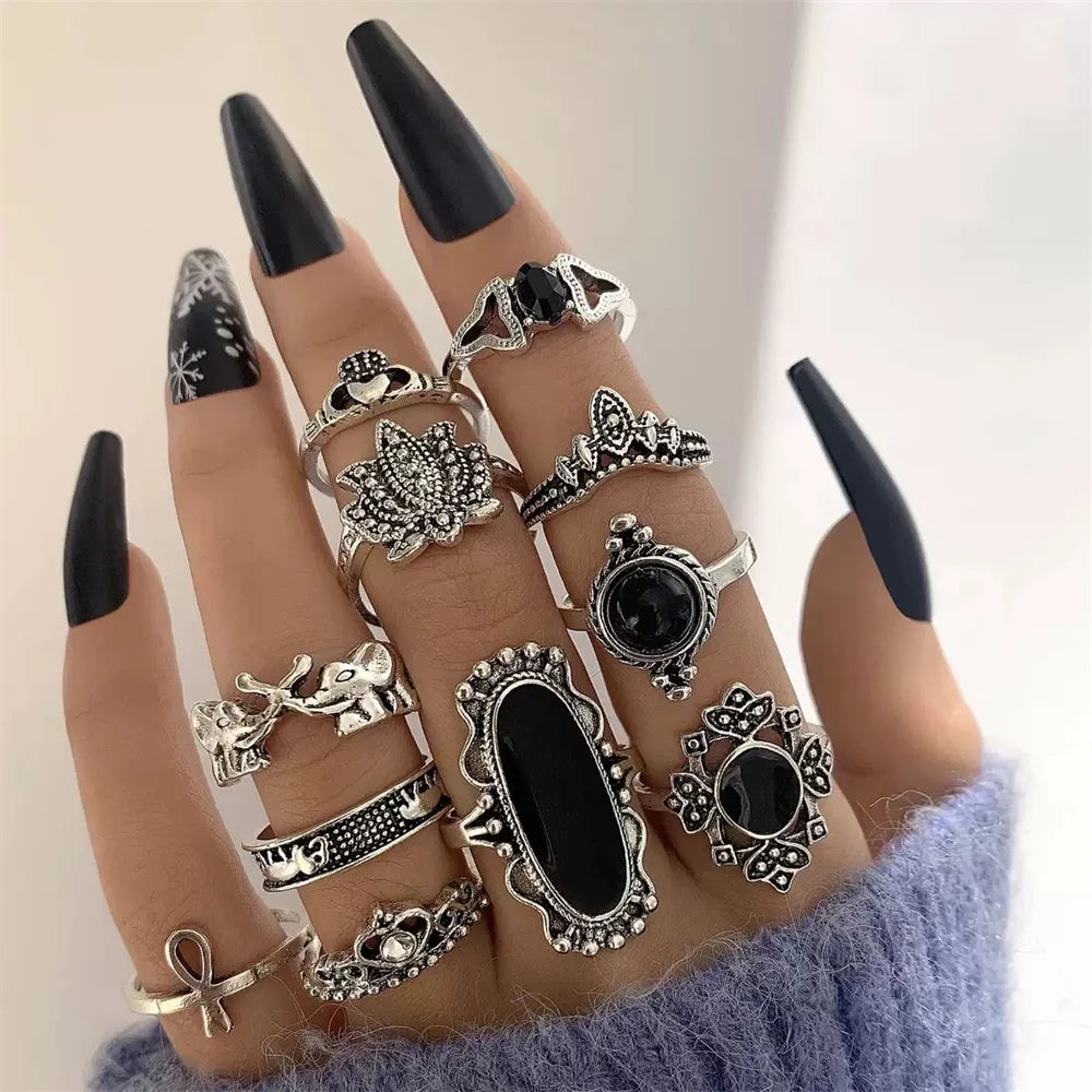 20Pcs Vintage Bohemia Black Rings Set For Women Men Mix Style Heart Love Flower Design Finger Jewelry Party Gifts