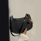 Women's PU Leather Handbag Versatile Fashion Solid Color Cherry Pendant Shoulder Bag Casual Commuting Bag Girl Underarm Bag