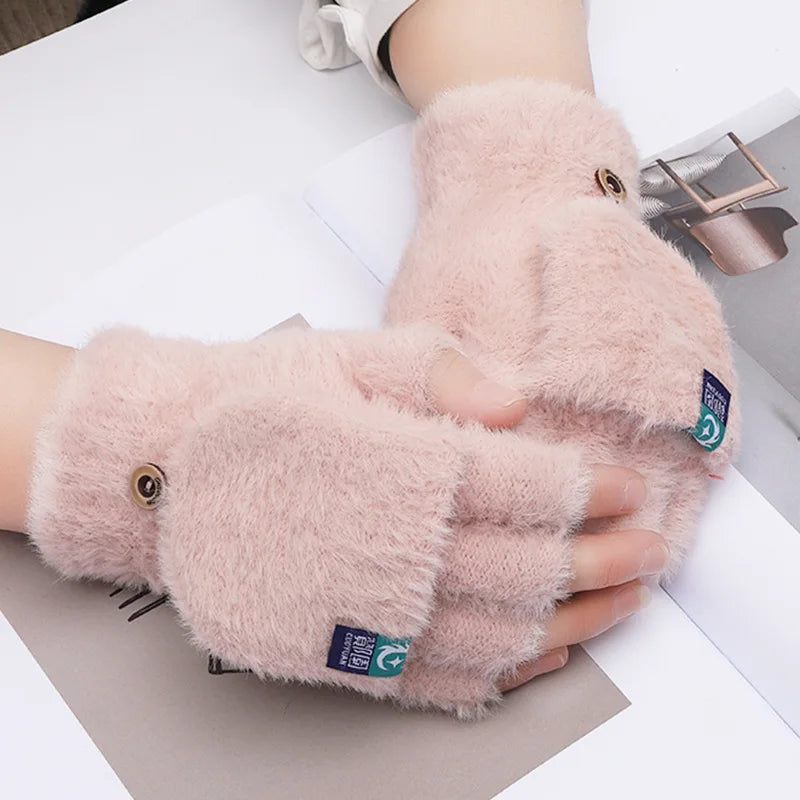 New Winter Imitation Mink Cashmere Half Finger Gloves Women Men Warm Luxury Solid Color Plush for Driving Outdoor Sports