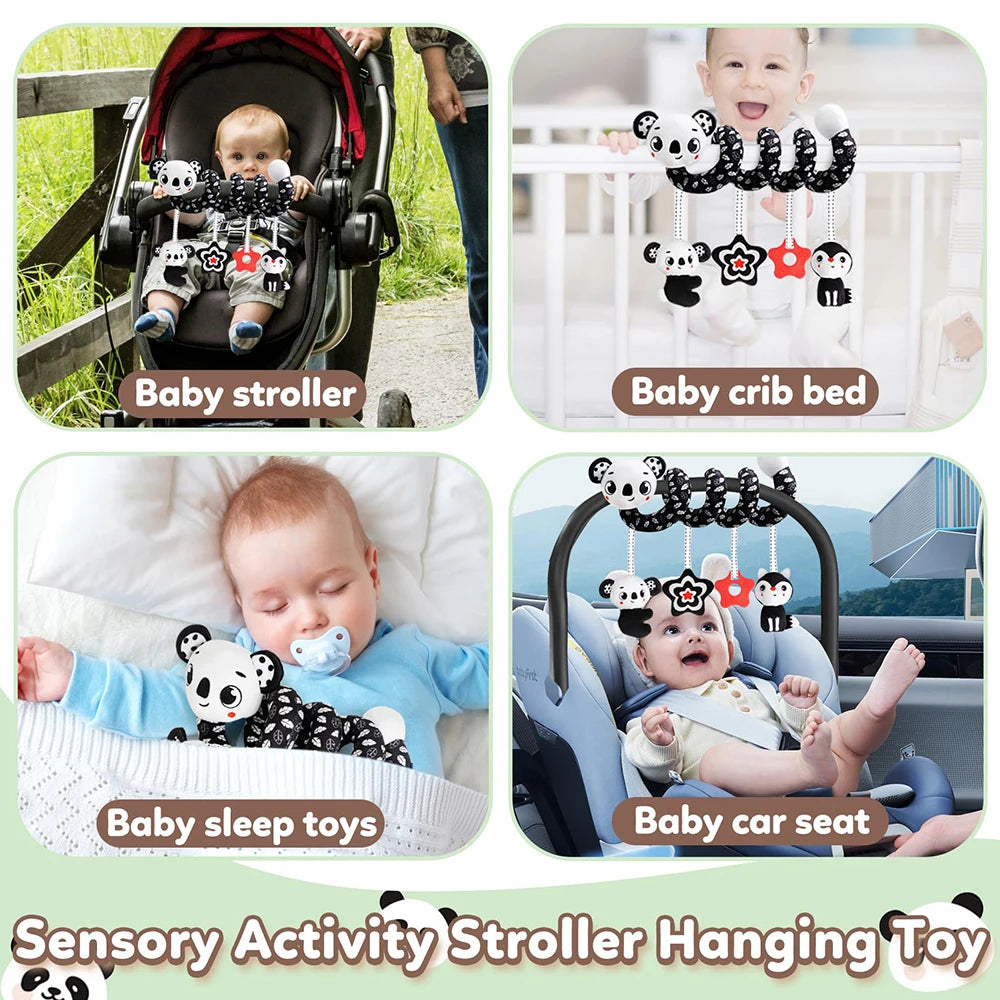 Newborns Spiral Hanging Activity Stroller Toy Baby Carseat Toy Black & White Lion Koala Rattle  for Crib Mobile Sensory Toy Gift
