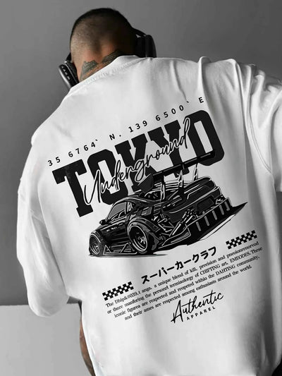 Men's short-sleeved t-shirt, printed with racing cars English graphics loose fit fashionable casual round neck top spring summer