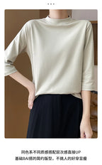 Summer And Autumn New 100% Cotton T-shirt Women's Semi-High-Necked Cropped Sleeves Loose Solid Color Bottoming Top