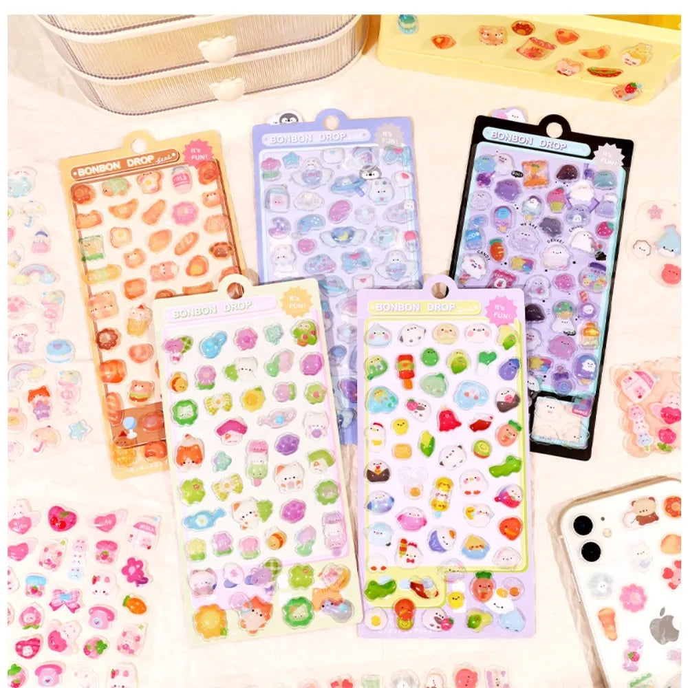 300Pcs/50pc Kawaii Cartoon 3D Relief Sticker Cute Crystal Jelly Patch for Mobile Phone Case Mirror Scrapbook Journal Animal Deco