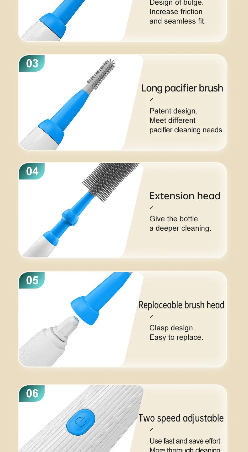 Electric Baby Bottle Brush 1500mah Multipurpose Silicone Cordless Infants Babe Milk Bottle Nipple Clean Brushes with Extensions