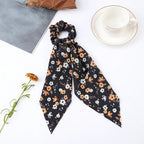 Fashion Flower Print Bow Satin Long Ribbon Ponytail Scarf Tie Scrunchies Women Girls Elastic Bands Hair Accessories