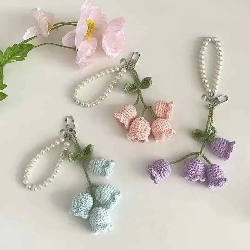 Elegant Floral Crochet Pearl Keychain Bluebell Bag Charm