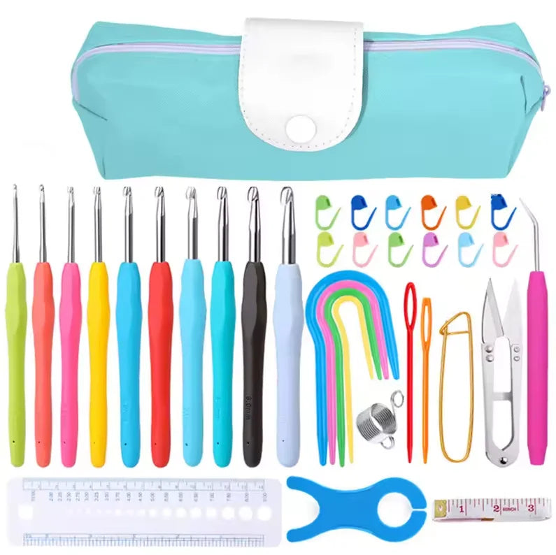 IMZAY Colorful Rubber Handle Knitting Needles Kit With Sewing Clips Plastic Needles Staniless Steel Scissors Crochet Hooks Set