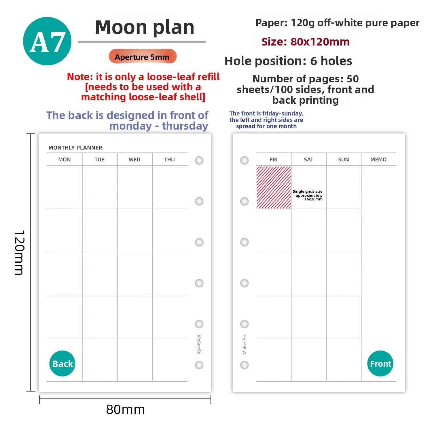 A7 50Sheets Loose Leaf Notebook Refill Spiral Binder Inner Page Weekly Monthly To Do Line Grid Inside Paper Stationery