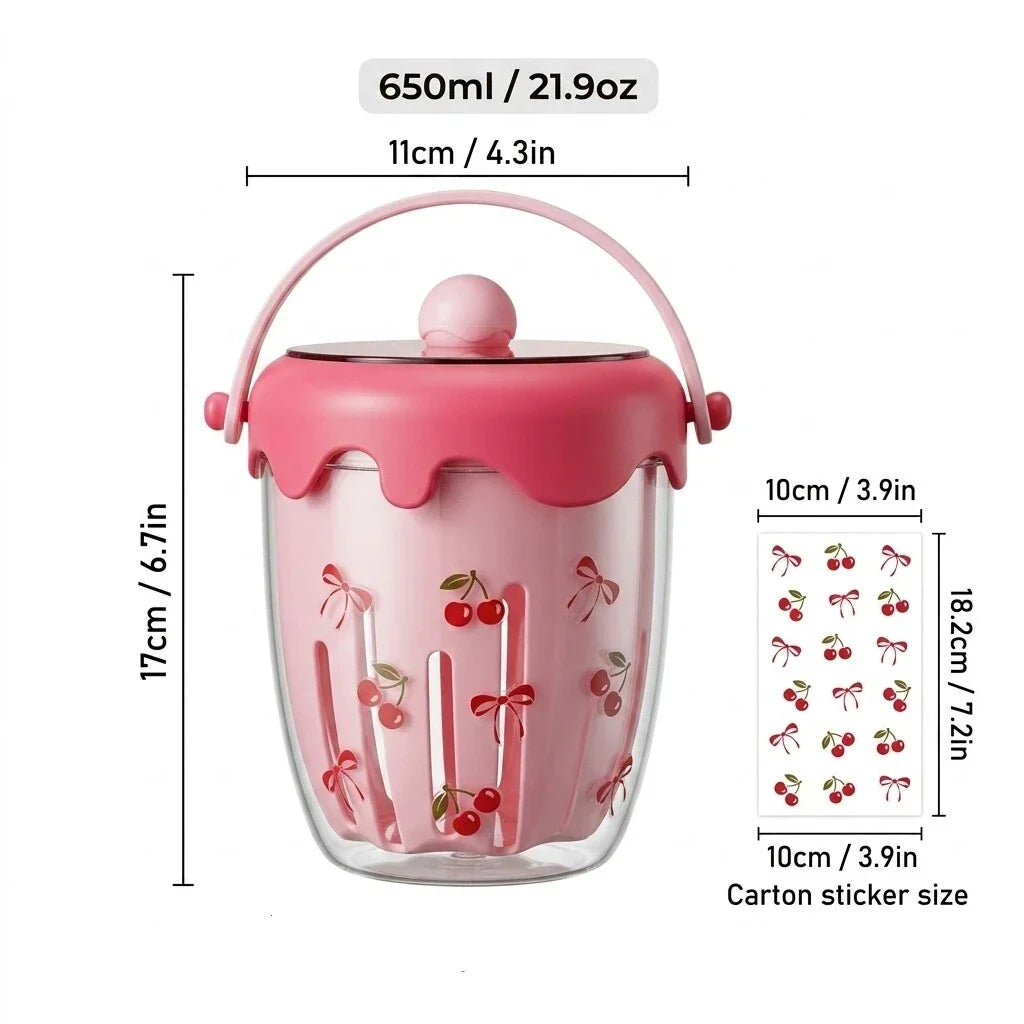 WORTHBUY Double Wall Salad Cup Portable Leak Proof Oat Container With Fork&Handle Drain Fruit Cup Cute Breakfast Cup For Student