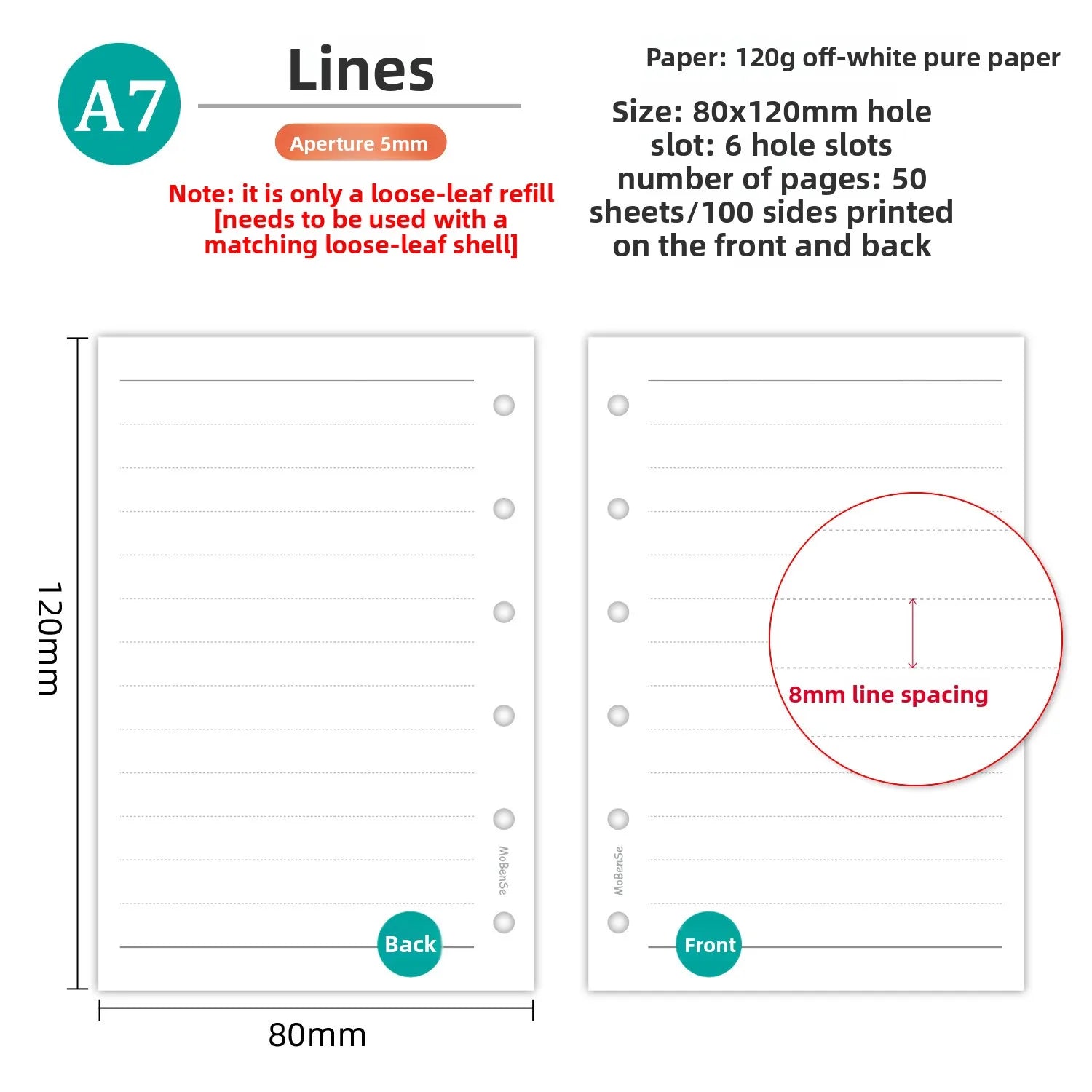 A7 50Sheets Loose Leaf Notebook Refill Spiral Binder Inner Page Weekly Monthly To Do Line Grid Inside Paper Stationery