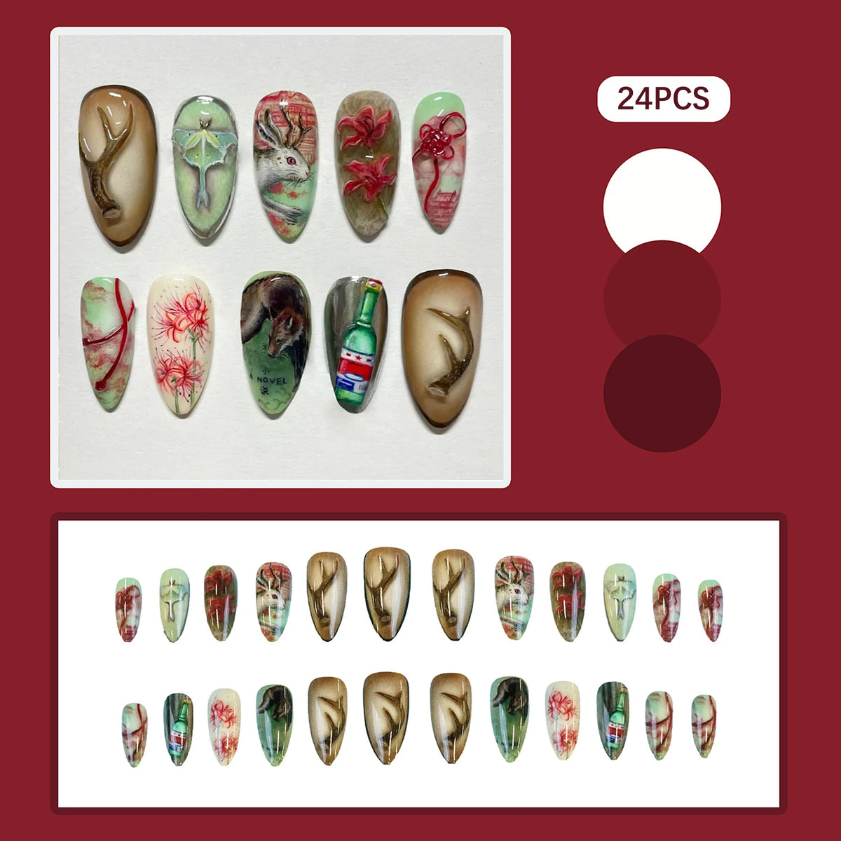 24pcs Gradient Black False Nails Cute Cartoon Cat's Eye Forest Elf Girl Press On Nails Glossy Almond Sweet Cool Fake Nail Tips