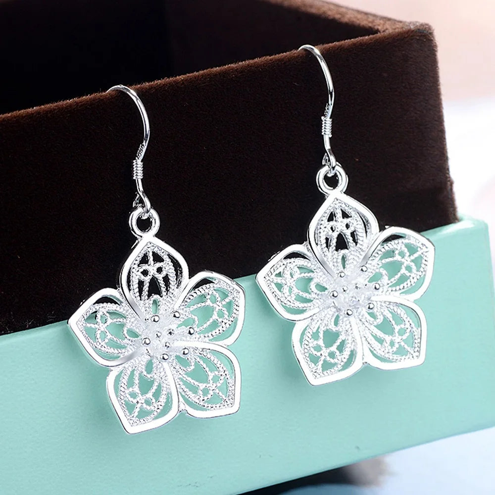 Hot High Quality Retro Pretty Flowers Silver color Earrings for women Fashion luxury party wedding Jewelry fine gifts