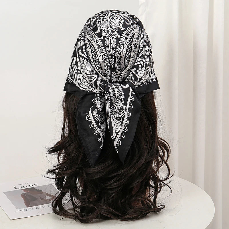 Bohemian Style Floral Print Women’s Square Silk Scarf Satin Head Wrap Tropical Leaf Flower Design Scarves Bandana Hijab