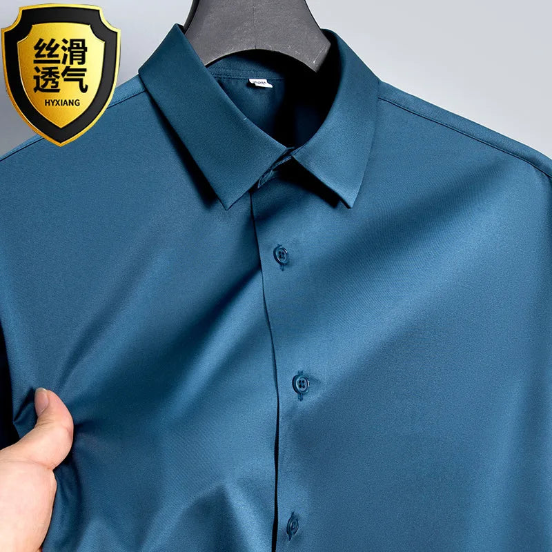 Summer shirt, men's white glossy non ironing shirt, men's wrinkle resistant ice silk casual high-end seamless business shirt