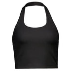 Women's Ribbed Halter Neck Crop Tank Top Sleeveless U-Neck Backless Slim Fit Solid White Knit Cami Summer Casual Basic Y2K