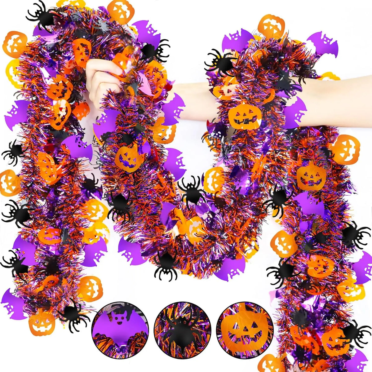 2m Halloween Tinsel Garland with Pumpkin Spider Bat Shiny Metallic Twist Garland for Home Tree Indoor Outdoor Party Decorations