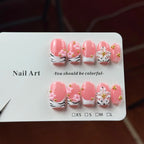 10pcs high-end Pink girlish style, hand-painted three-dimensional carvings, decorated with small gold beads handmade French Tip