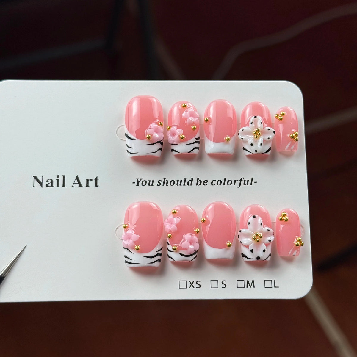 10pcs high-end Pink girlish style, hand-painted three-dimensional carvings, decorated with small gold beads handmade French Tip