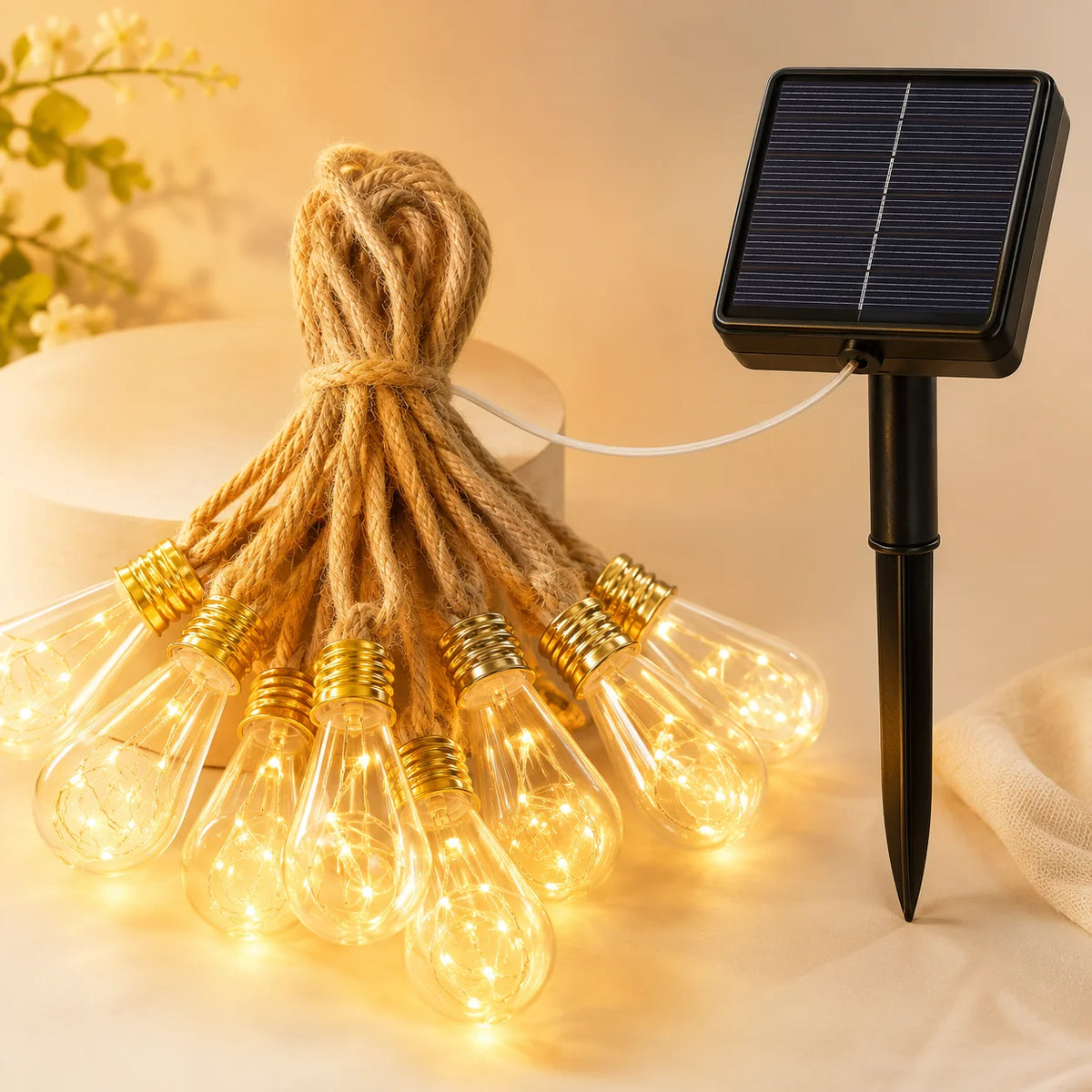 Solar String Lights Hemp Rope Edison Bulb Fairy Lights Solar Powered Warm White for Garden Patio Porch Yard Halloween Decor