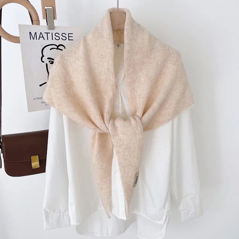 Big Size Wool Korean Style Knitted Triangular Scarf Women Winter Warm Headscarf Shawl Sold Color Neckerchief Kerchief Hijab
