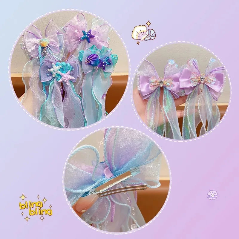 Mermaid Long Ribbon Pearl Hair Clip for Kids Cute Daily Wear Ponytail Clip Fashion Girl Photograph Haripin Hair Accessories