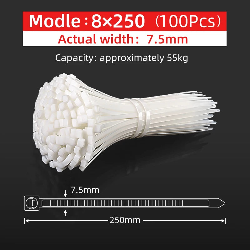100Pcs 8 Series Width 7.5MM 200/250/300/350 Nylon Ties Cable Plastic  Wire Fixed Strap White/Black Self-Locking StrongTensile