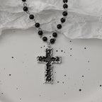 Gothic Bat Cross Dark Pendant Necklace Set, Y2K Personalized Thorn Love Black Bead Stacked Necklace Set, Suitable as Halloween G