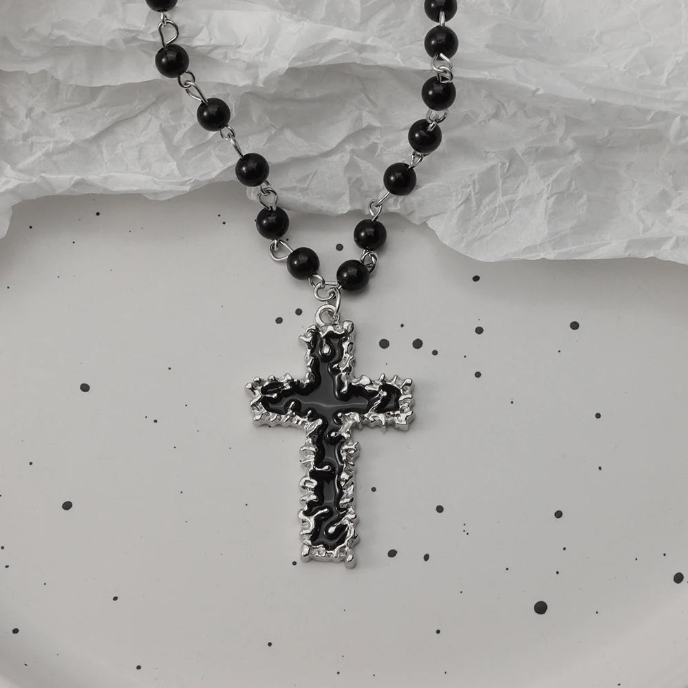 Gothic Bat Cross Dark Pendant Necklace Set, Y2K Personalized Thorn Love Black Bead Stacked Necklace Set, Suitable as Halloween G