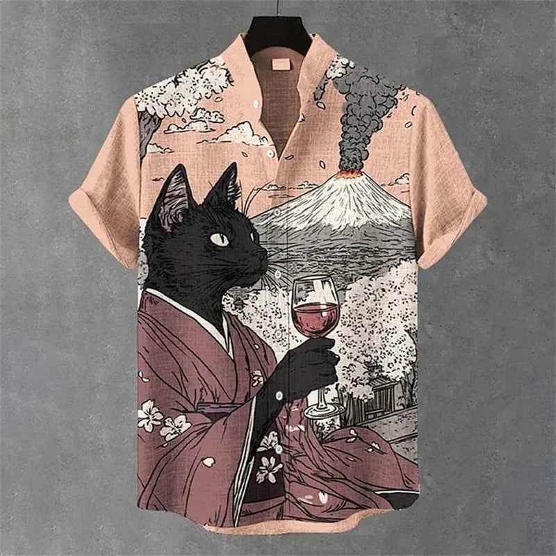 Colorful Men's Linen Summer Short Sleeve Shirt Fashion, Short Sleeve Top 3D Cat Printed Pattern Men's Clothing,