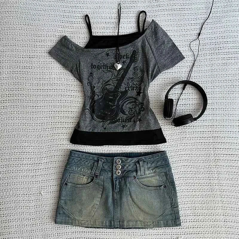 Y2k Slim Fit Print Tops Women Off Shoulder Short Sleeve Tee Shirt Neploe American Vintage Fake Two Piece Halter Lace Up T-shirts