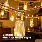 Solar String Lights Hemp Rope Edison Bulb Fairy Lights Solar Powered Warm White for Garden Patio Porch Yard Halloween Decor