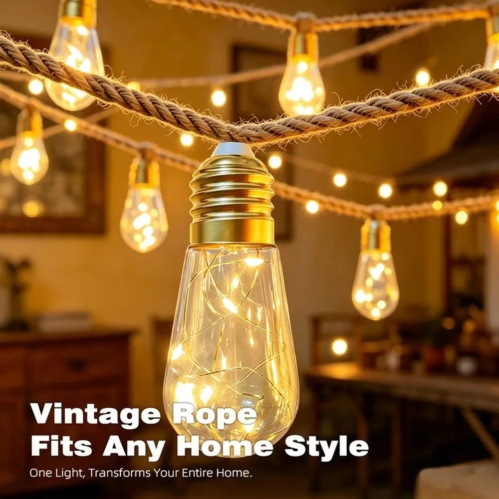 Solar String Lights Hemp Rope Edison Bulb Fairy Lights Solar Powered Warm White for Garden Patio Porch Yard Halloween Decor