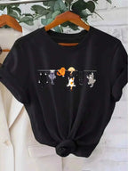 Women's Oversize Cute Cat Print Round Neck Short Sleeve Casual T-Shirt White Short Sleeve with Cat Clothing Tee Female Tops