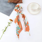 Fashion Flower Print Bow Satin Long Ribbon Ponytail Scarf Tie Scrunchies Women Girls Elastic Bands Hair Accessories