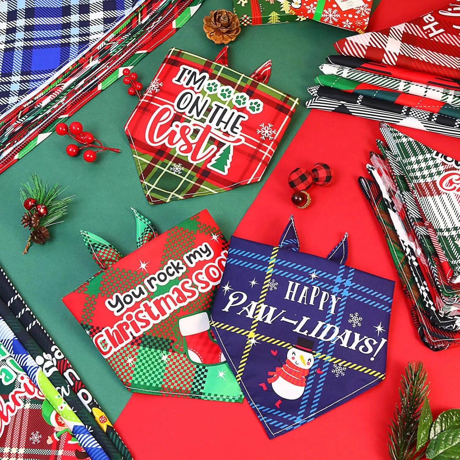 Collection of festive greeting cards with Christmas-themed designs on a red and green background.