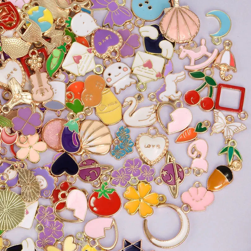 30/60/100pcs Random Mix Enamel/Drip Oil Charms For Jewelry Making Bulk Trinkets Charm Flower Heart Animal Bag Charm DIY Pendant