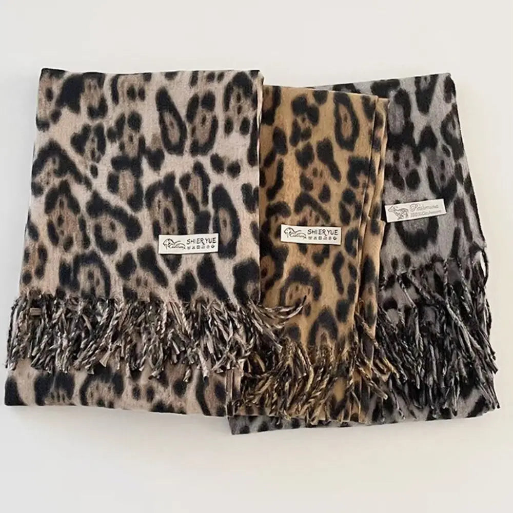 Korean Leopard Tassels Shawl Imitation Cashmere Thickened Foulard Pashmina Hijabs Windproof Lady Scarves Wraps for Women Man